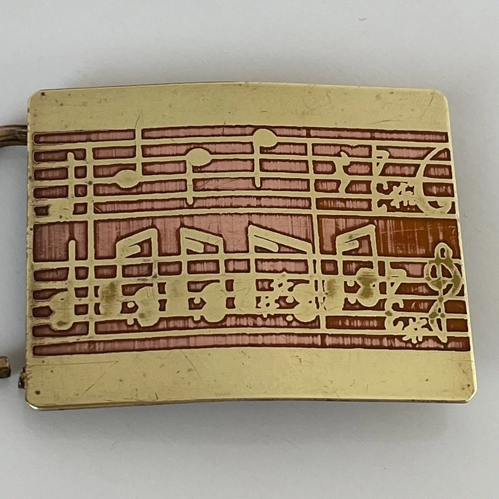 Vintage Horizon Brass Copper Musical Notes Belt Buckle 1970s Music Staff Design